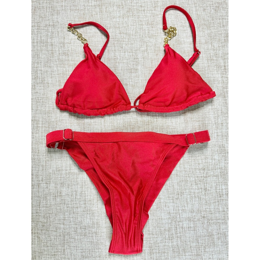 Red Triangle Bikini Set Gold Chain Straps Size Small NEW